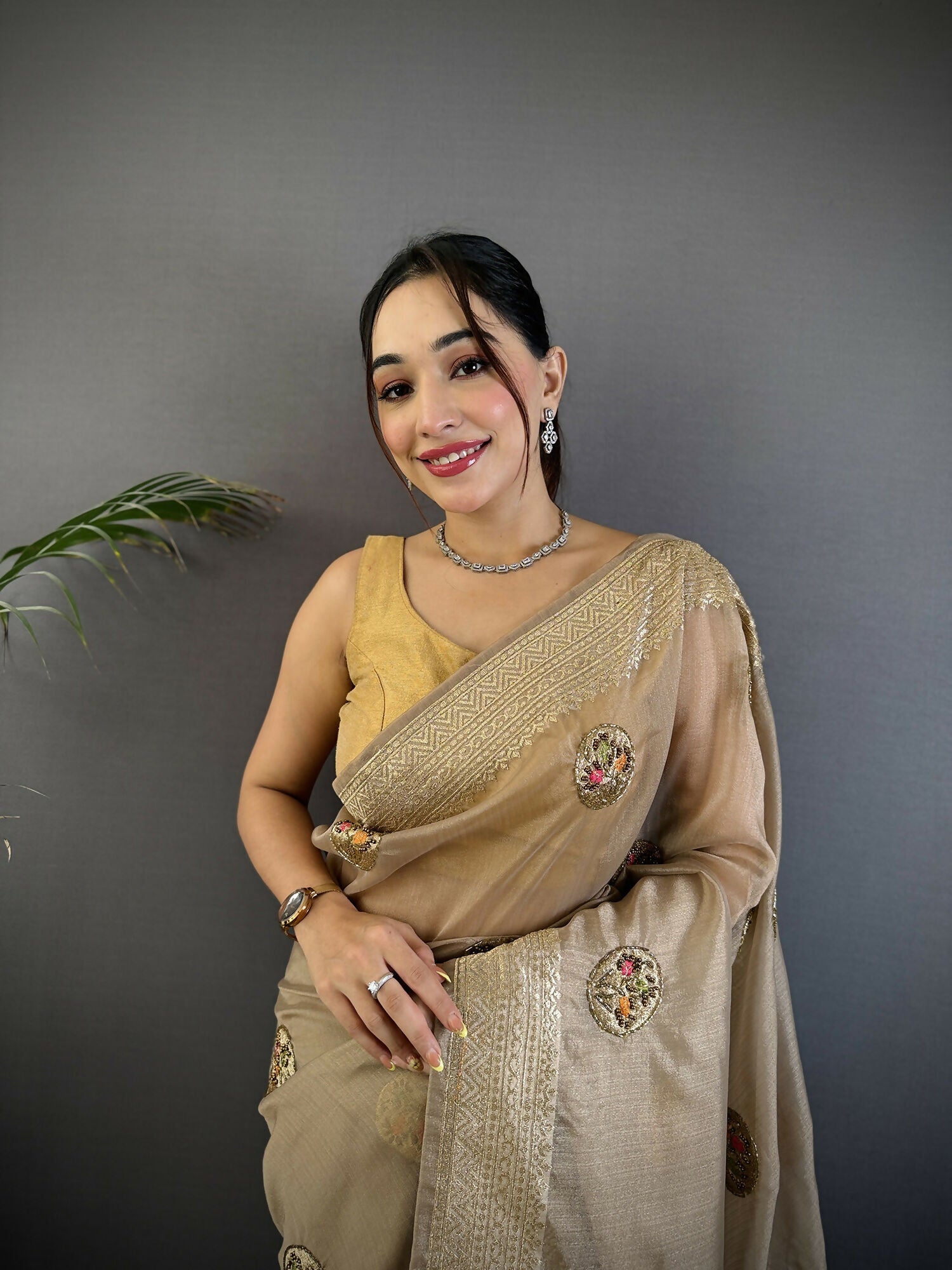 Joban Fashion Mud Brown Handloom Banarasi Organza Silk Khatali Butta Work Saree - Distacart