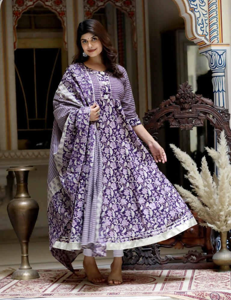 Miravan Women's Flower Printed Blue Anarkali Kurta With Beautiful Border And Dupatta