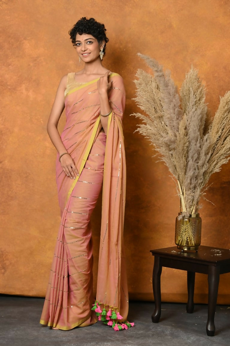 Very Much Indian Designer Mul Cotton Handloom Saree with Sequins - Peach