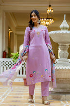 The52 Lavender Women's Gorgeous Embroidered work Viscose Gadhwal Fabric Straight Kurta, Pant and Dupatta Set - Distacart
