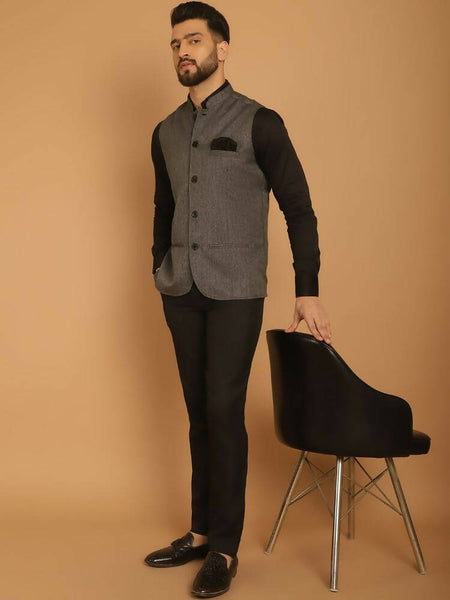 Even Apparels Nehru Jacket With Welt Pockets - Grey