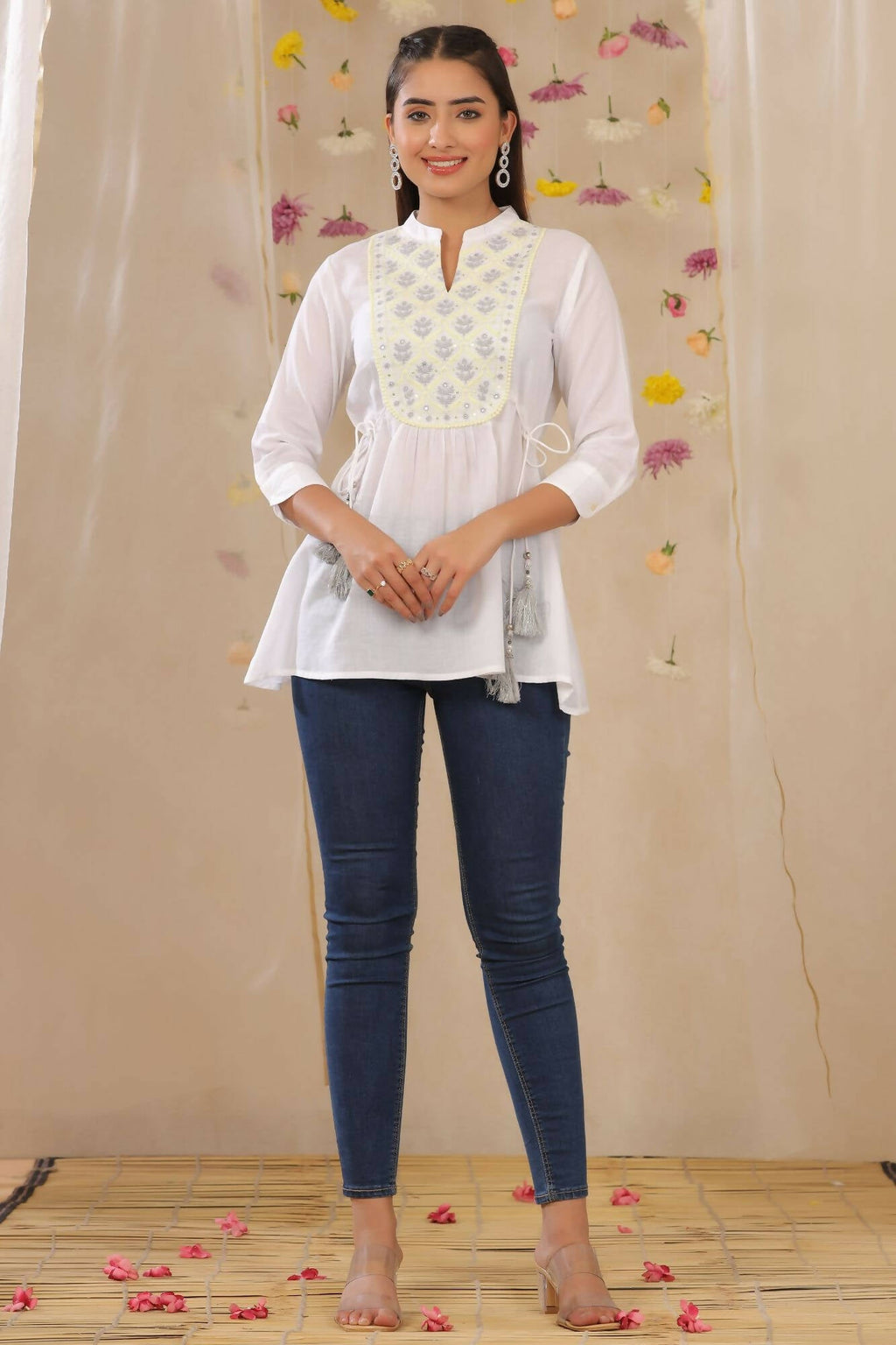 Juniper Women White Cotton Moss Embroidered A-Line Tunic - Distacart