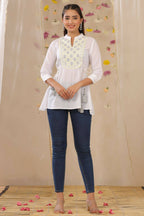 Juniper Women White Cotton Moss Embroidered A-Line Tunic - Distacart