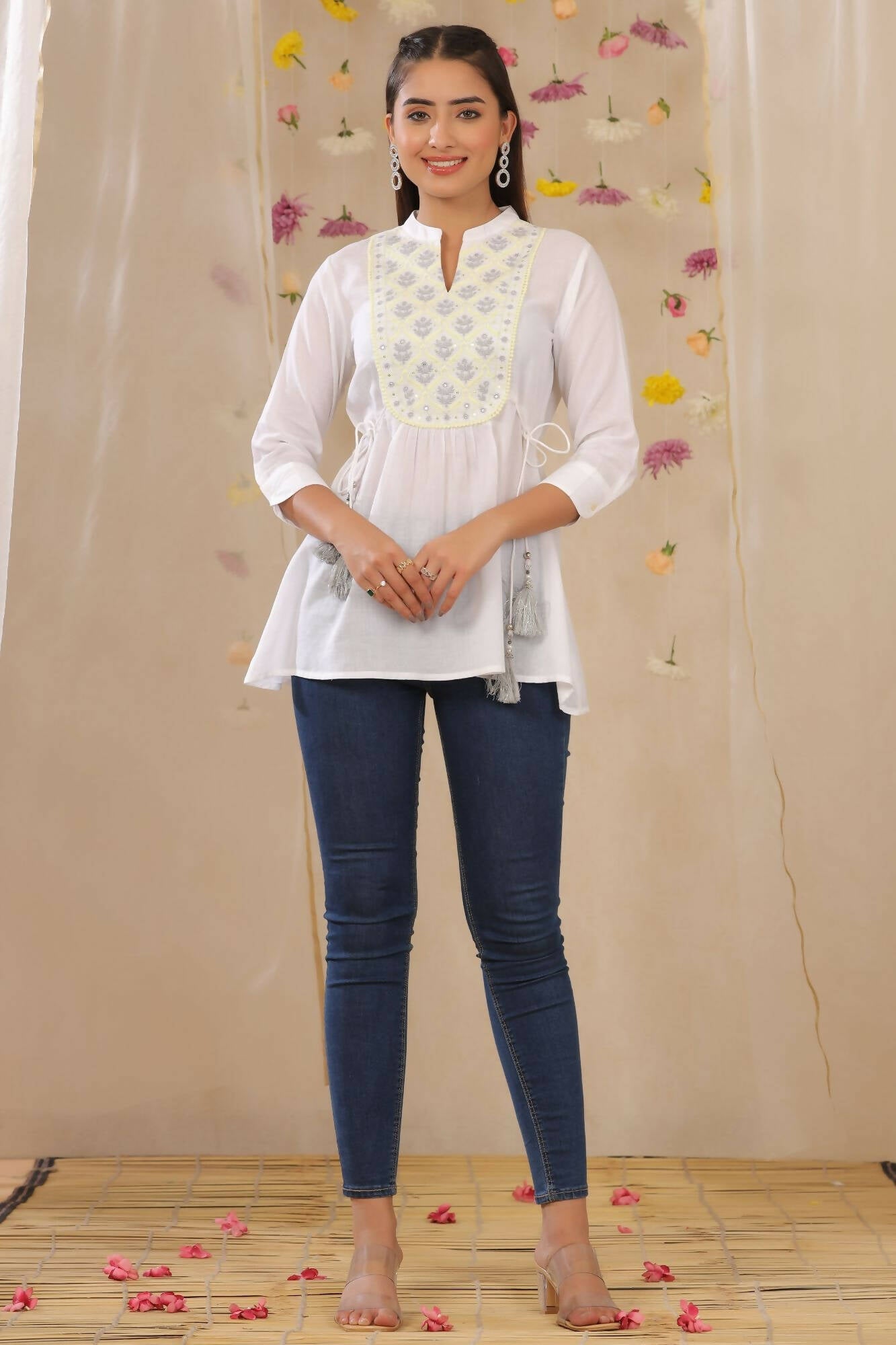 Juniper Women White Cotton Moss Embroidered A-Line Tunic - Distacart