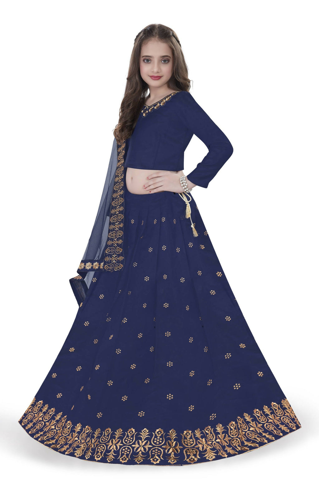 Dwiden Navy Blue Queen Tafetta Sattin Semi-Stitched Girl's Lehenga Choli