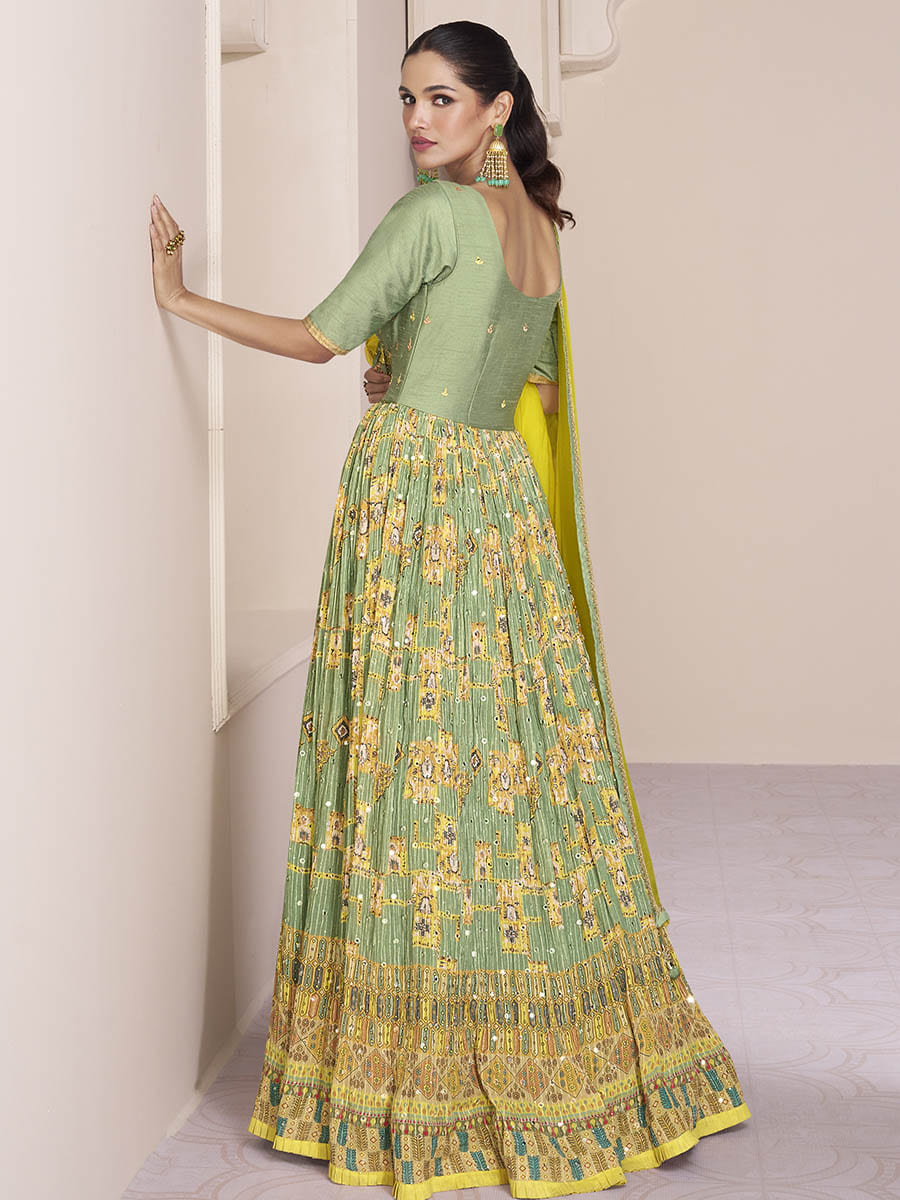 Myra Pastel Green Georgette and Chinon Silk Gown Style Party Wear Suit - Distacart