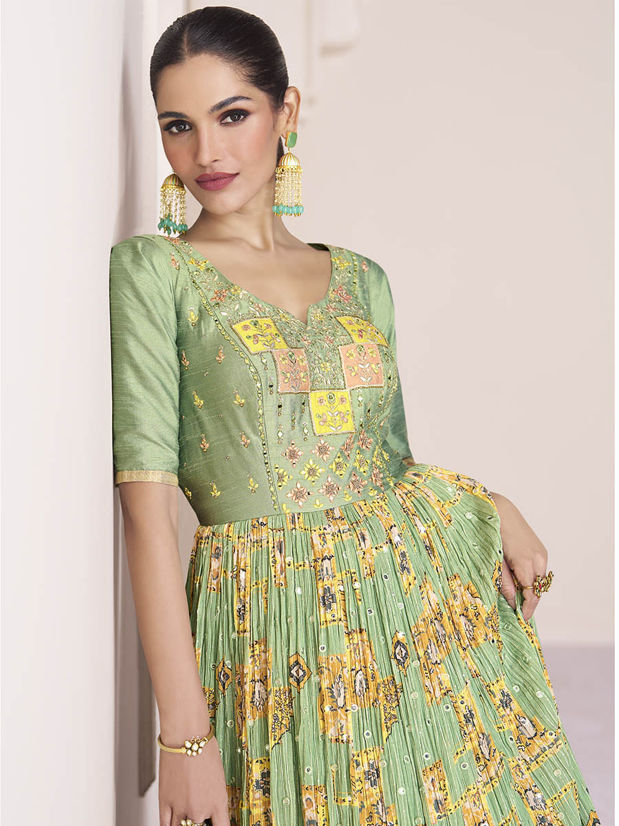 Myra Pastel Green Georgette and Chinon Silk Gown Style Party Wear Suit - Distacart