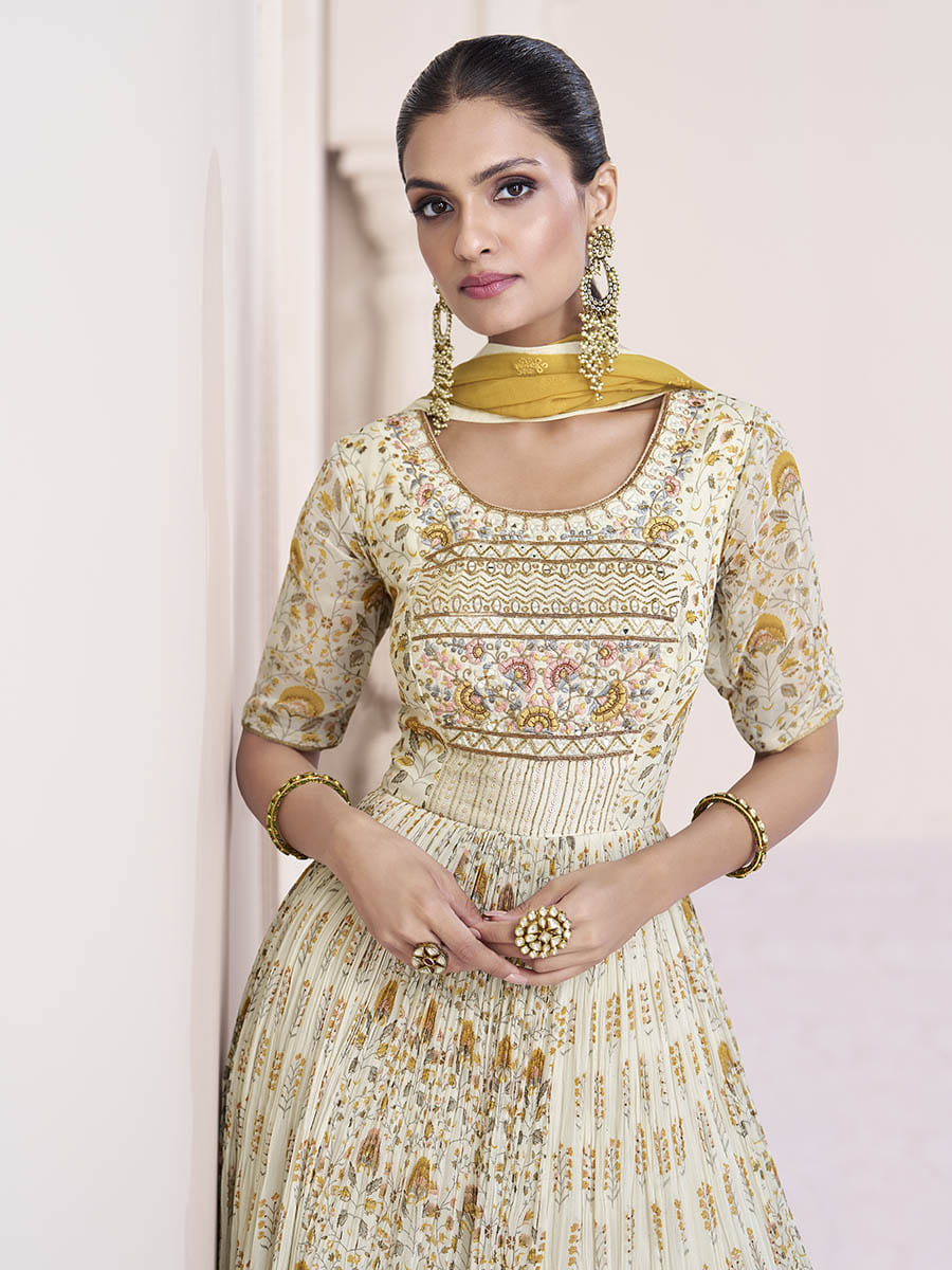 Myra Cream Georgette and Chinon Silk Gown Style Party Wear Suit - Distacart