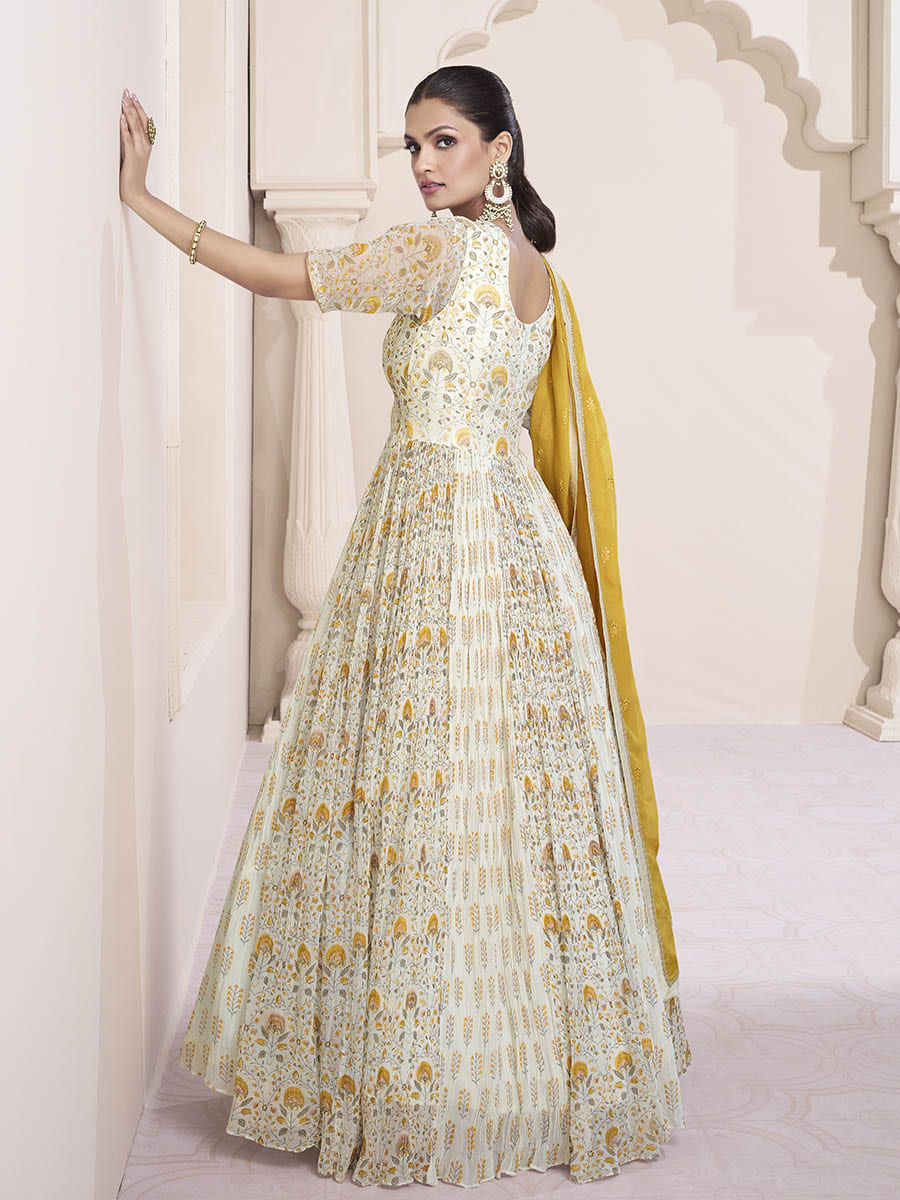 Myra Cream Georgette and Chinon Silk Gown Style Party Wear Suit - Distacart