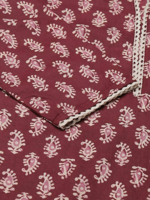 FIORRA Women's Maroon Cotton Straight Kurta Pant With Dupatta