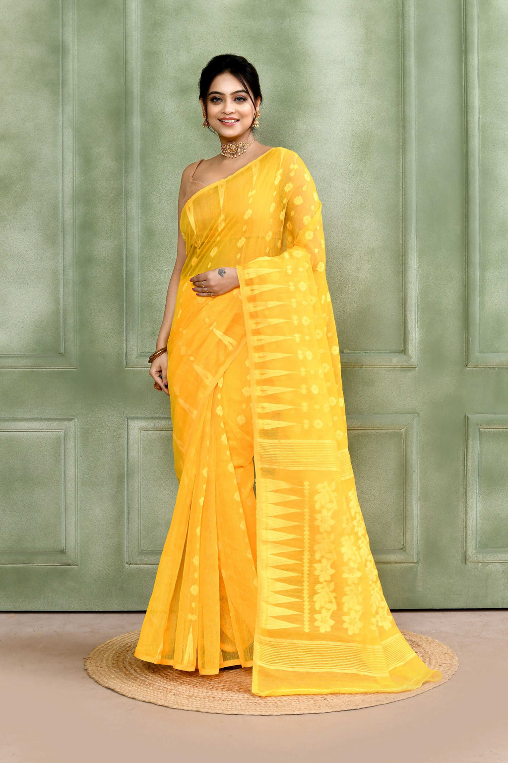 Piyari Fashion Women's Yellow Embellished Cotton Blend Jamdani Saree - Distacart