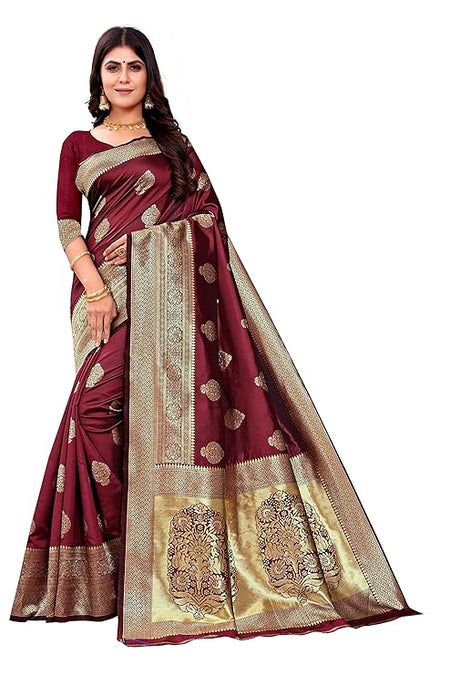 Vamika Weaving Banarasi Jacquard Maroon Kanjivaram Saree