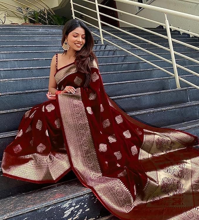 Vamika Weaving Banarasi Jacquard Maroon Kanjivaram Saree - Distacart