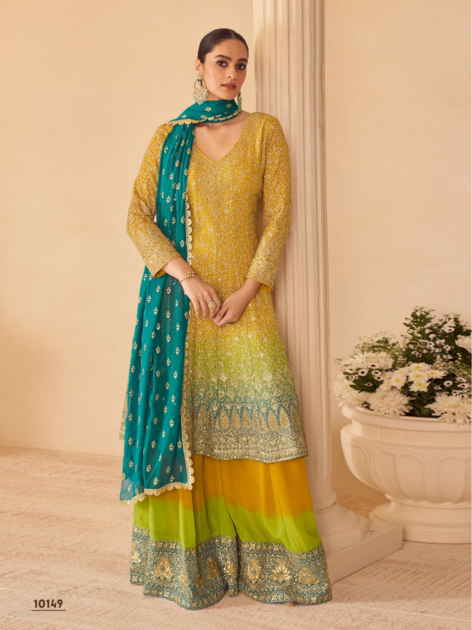 Aarshi Fashions Yellow Pure Georgette Full Stitched Suit