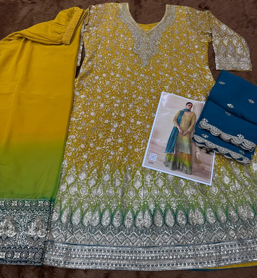 Aarshi Fashions Yellow Pure Georgette Full Stitched Suit