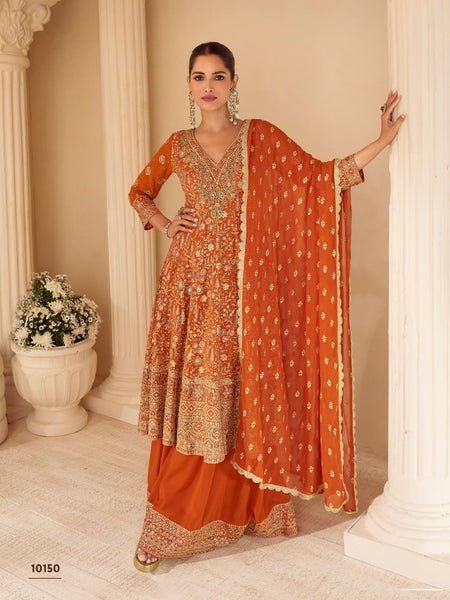 Aarshi Fashions Orange Pure Georgette Full Stitched Suit