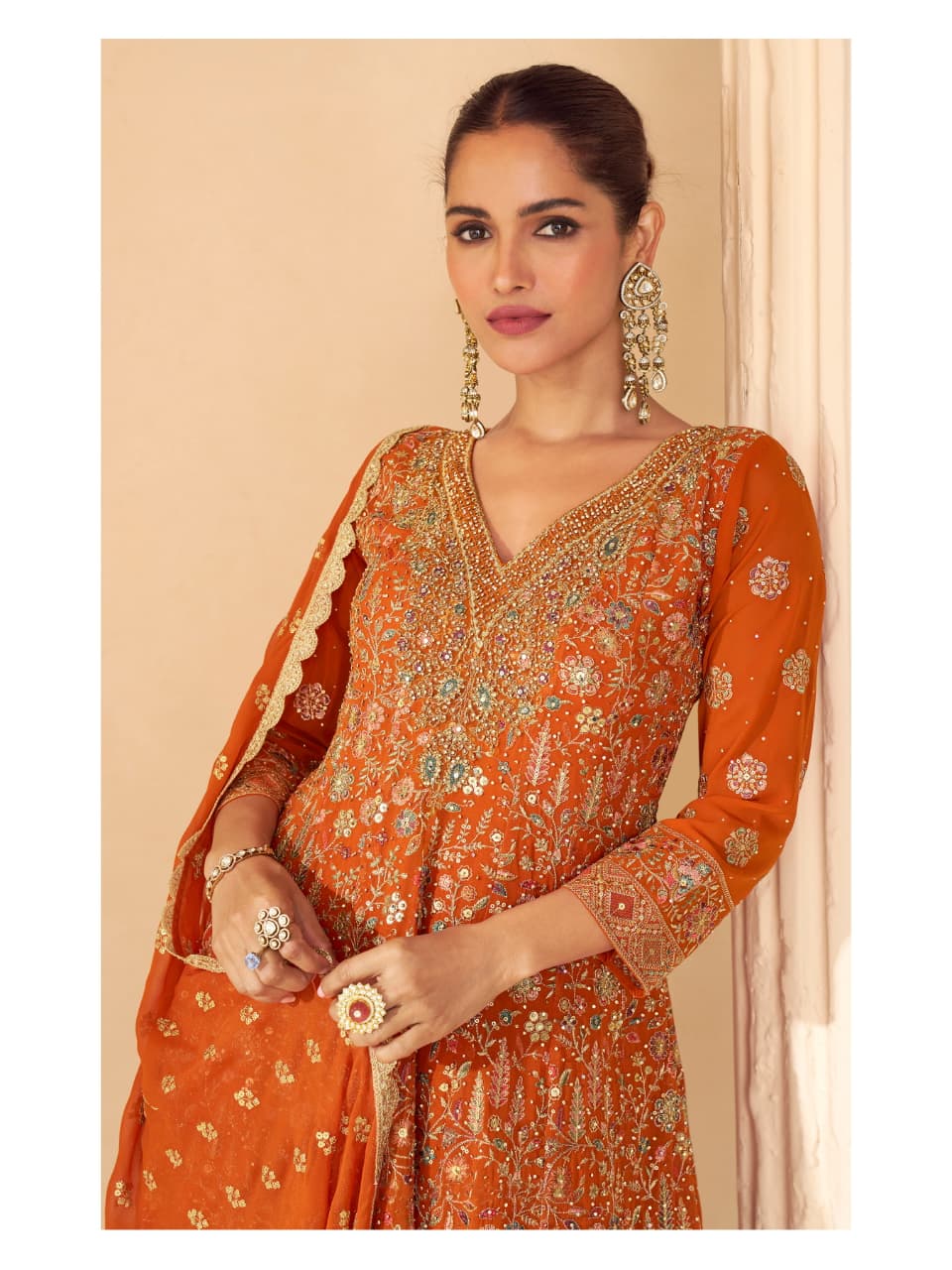 Aarshi Fashions Orange Pure Georgette Full Stitched Suit