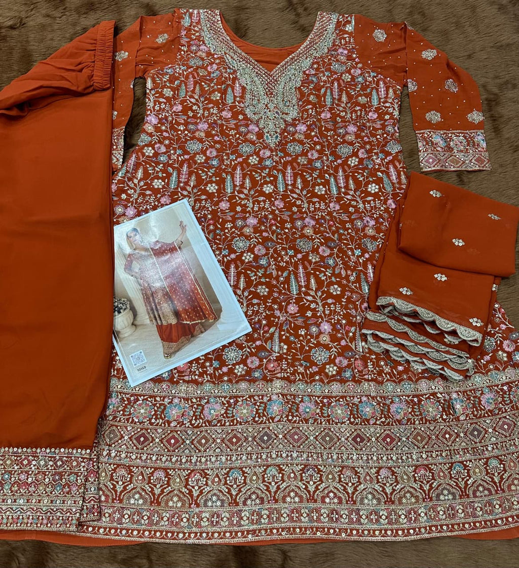 Aarshi Fashions Orange Pure Georgette Full Stitched Suit