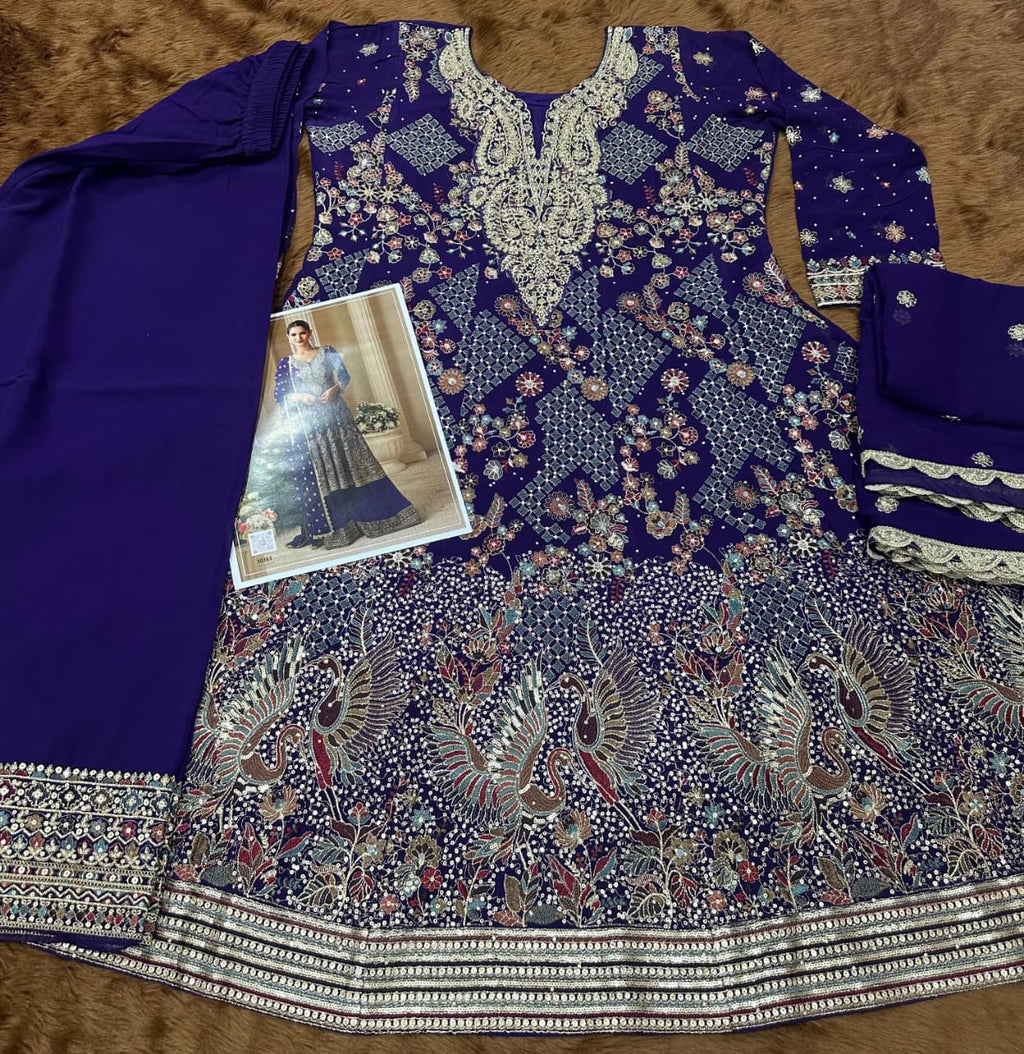 Aarshi Fashions Dark Blue Pure Georgette Full Stitched Suit