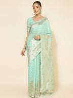 Janasya Sea Green Chanderi Silk Polka Design Woven Design Saree