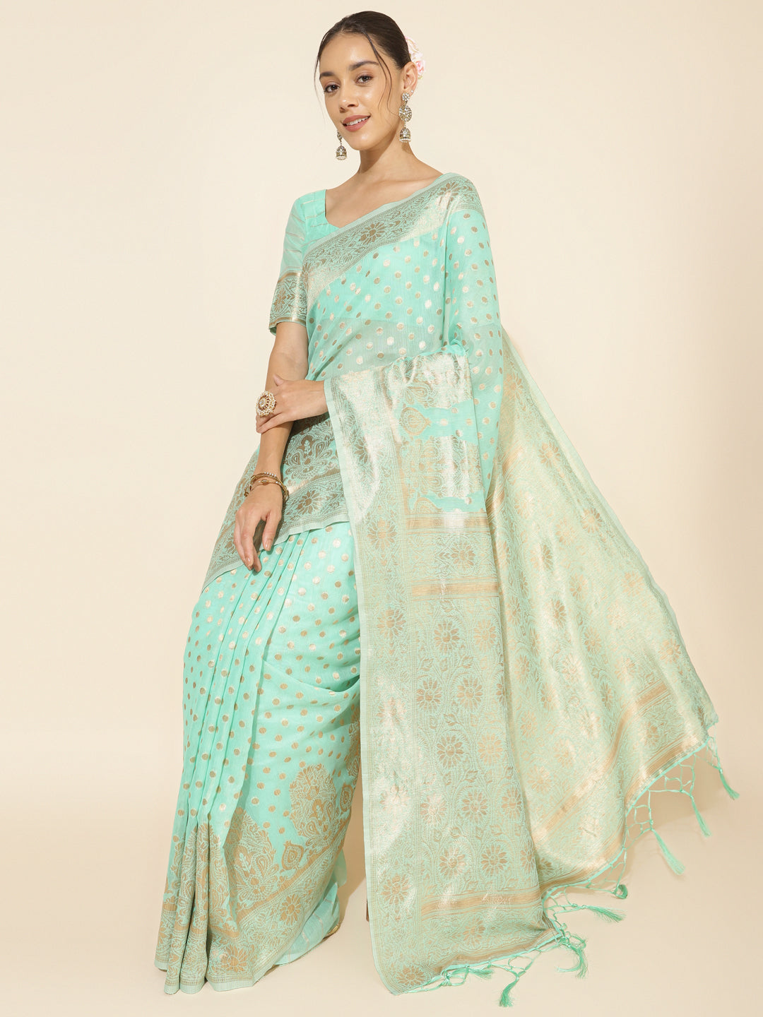 Janasya Sea Green Chanderi Silk Polka Design Woven Design Saree