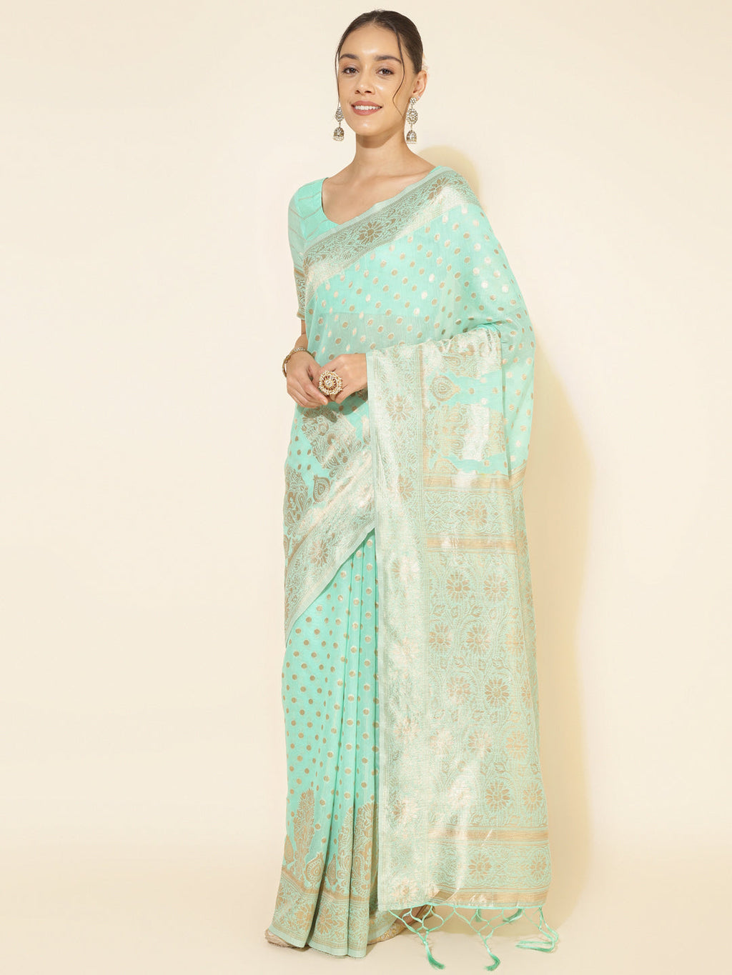 Janasya Sea Green Chanderi Silk Polka Design Woven Design Saree