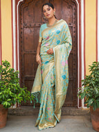 Janasya Sea Green Banarasi Silk Woven Floral Design Banarasi Saree