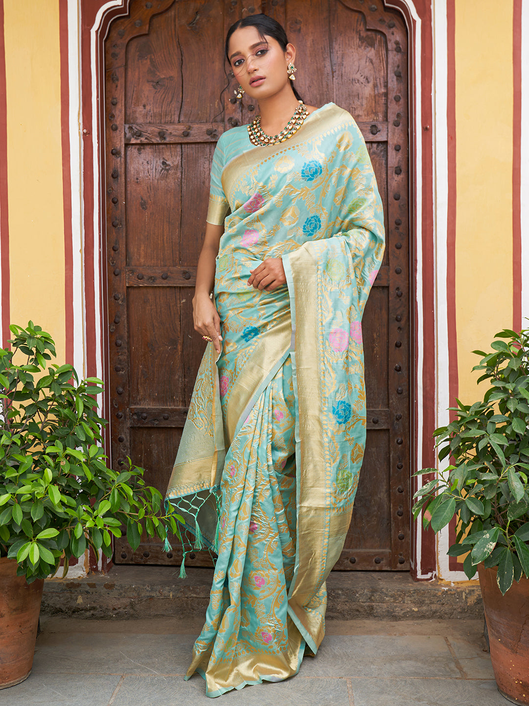 Janasya Sea Green Banarasi Silk Woven Floral Design Banarasi Saree