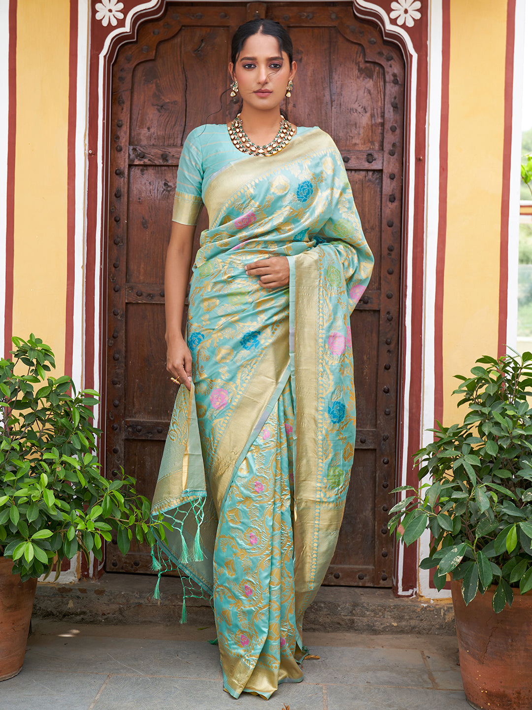Janasya Sea Green Banarasi Silk Woven Floral Design Banarasi Saree