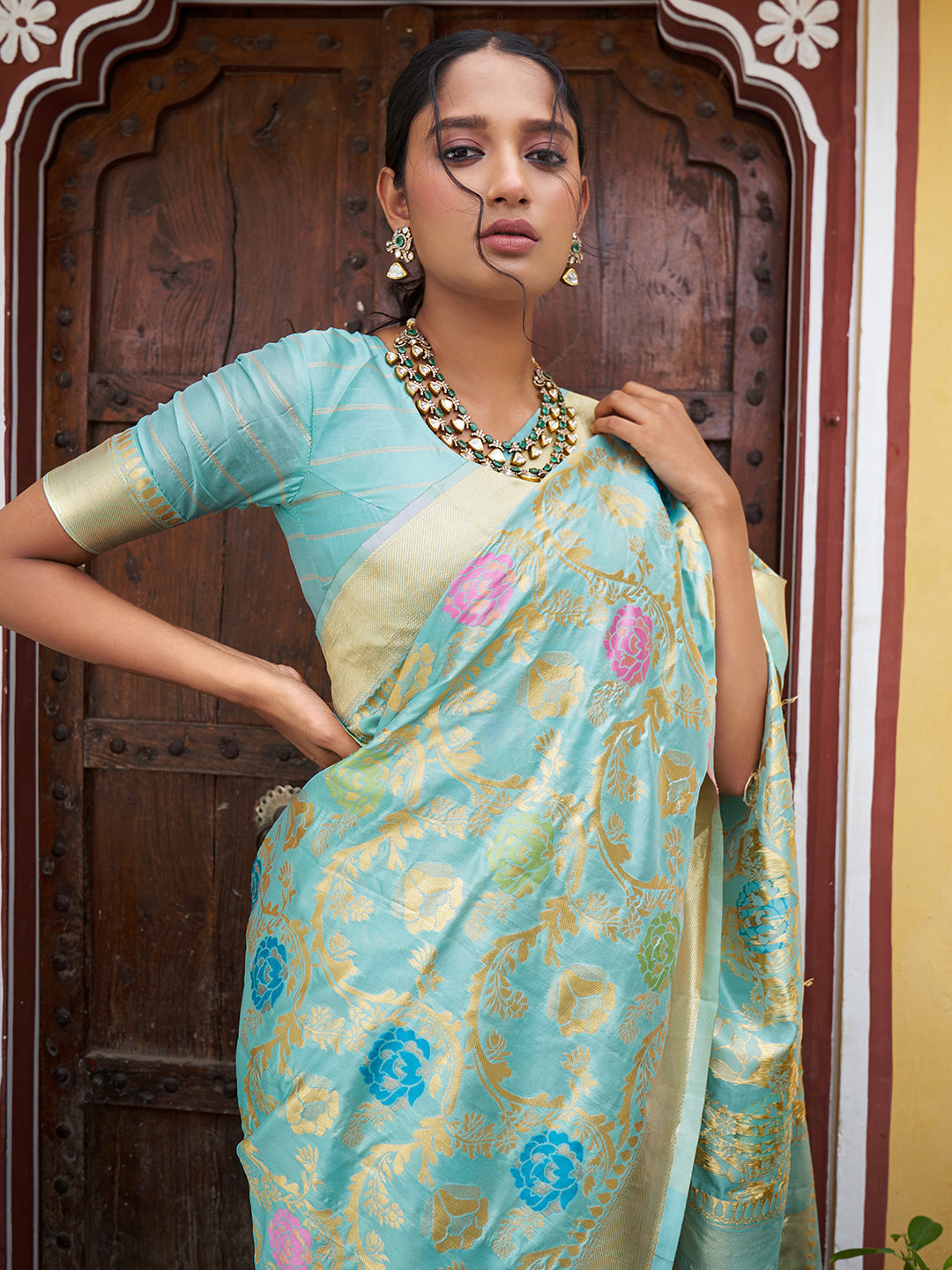 Janasya Sea Green Banarasi Silk Woven Floral Design Banarasi Saree