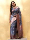 Janasya Dark Grey Chanderi Silk Ethnic Motifs Woven Design Saree