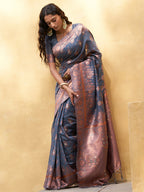 Janasya Dark Grey Chanderi Silk Ethnic Motifs Woven Design Saree