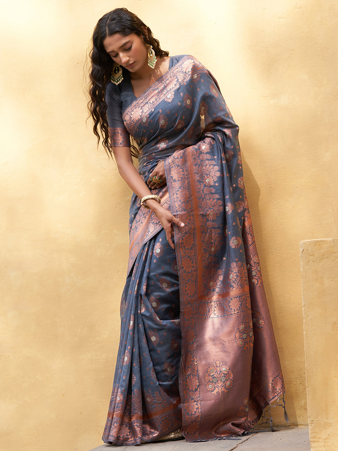 Janasya Dark Grey Chanderi Silk Ethnic Motifs Woven Design Saree
