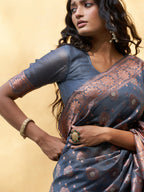 Janasya Dark Grey Chanderi Silk Ethnic Motifs Woven Design Saree
