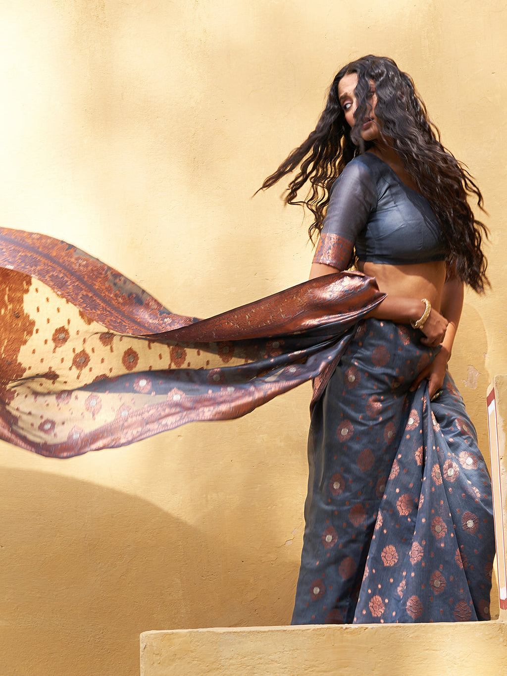 Janasya Dark Grey Chanderi Silk Ethnic Motifs Woven Design Saree