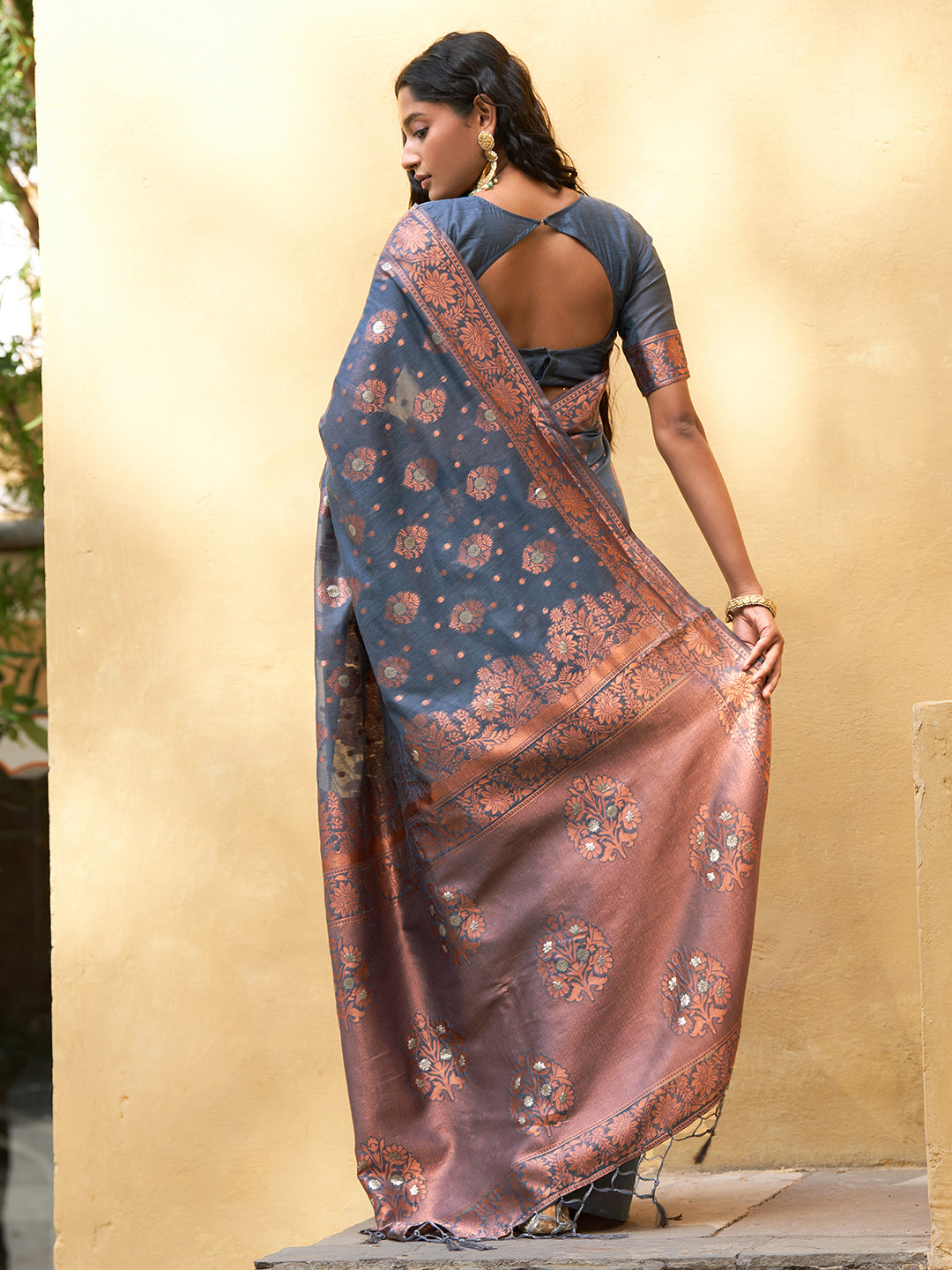 Janasya Dark Grey Chanderi Silk Ethnic Motifs Woven Design Saree