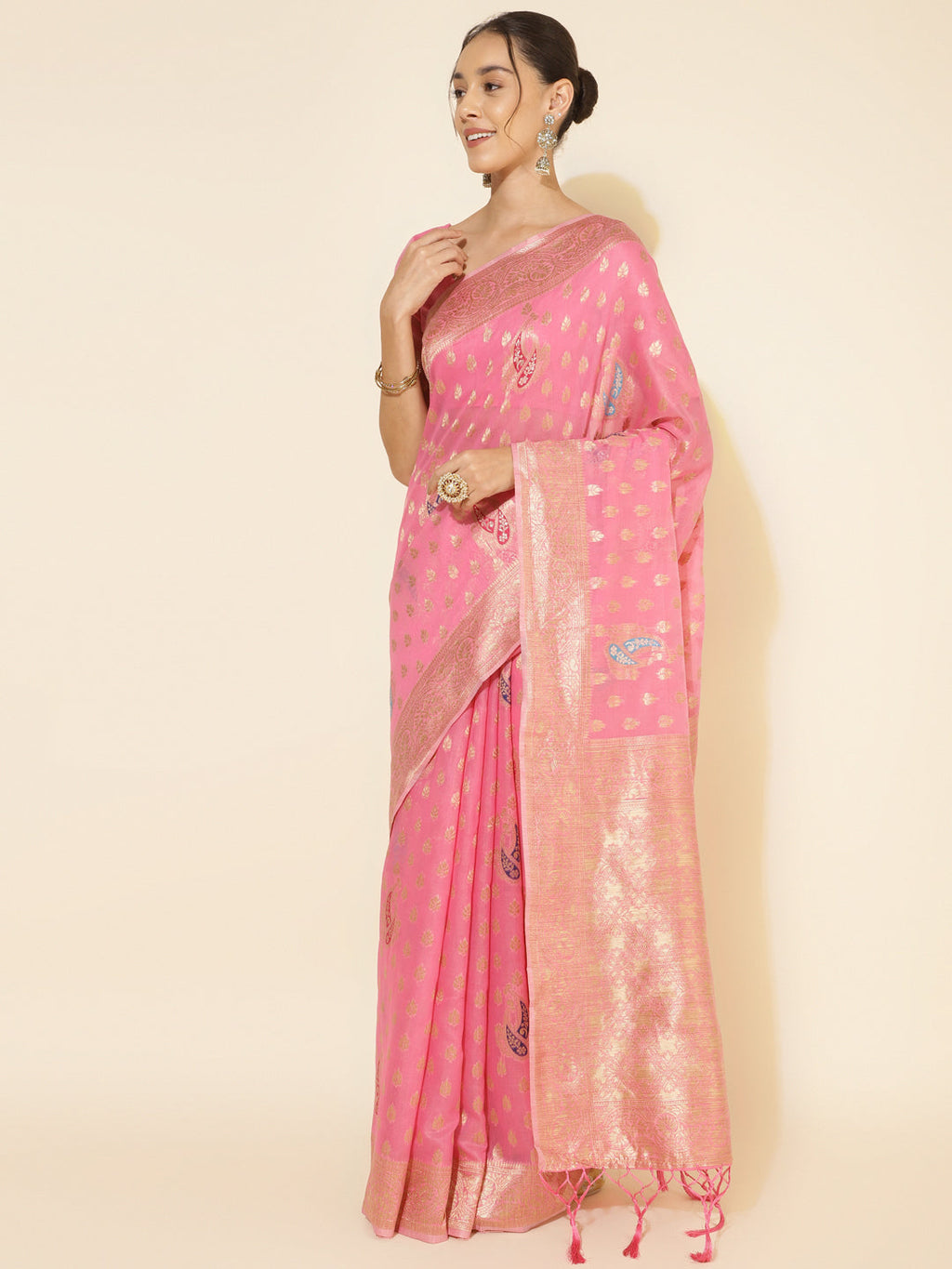 Janasya Light Pink Chanderi Silk Ethnic Motifs Woven Design Saree - Distacart