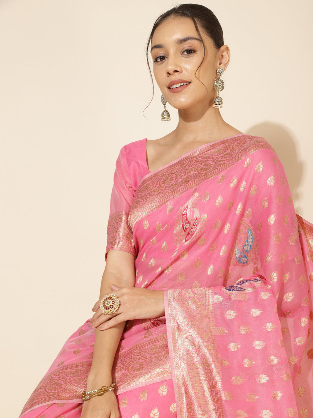 Janasya Light Pink Chanderi Silk Ethnic Motifs Woven Design Saree - Distacart
