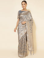 Janasya Grey Chanderi Silk Floral Woven Design Saree