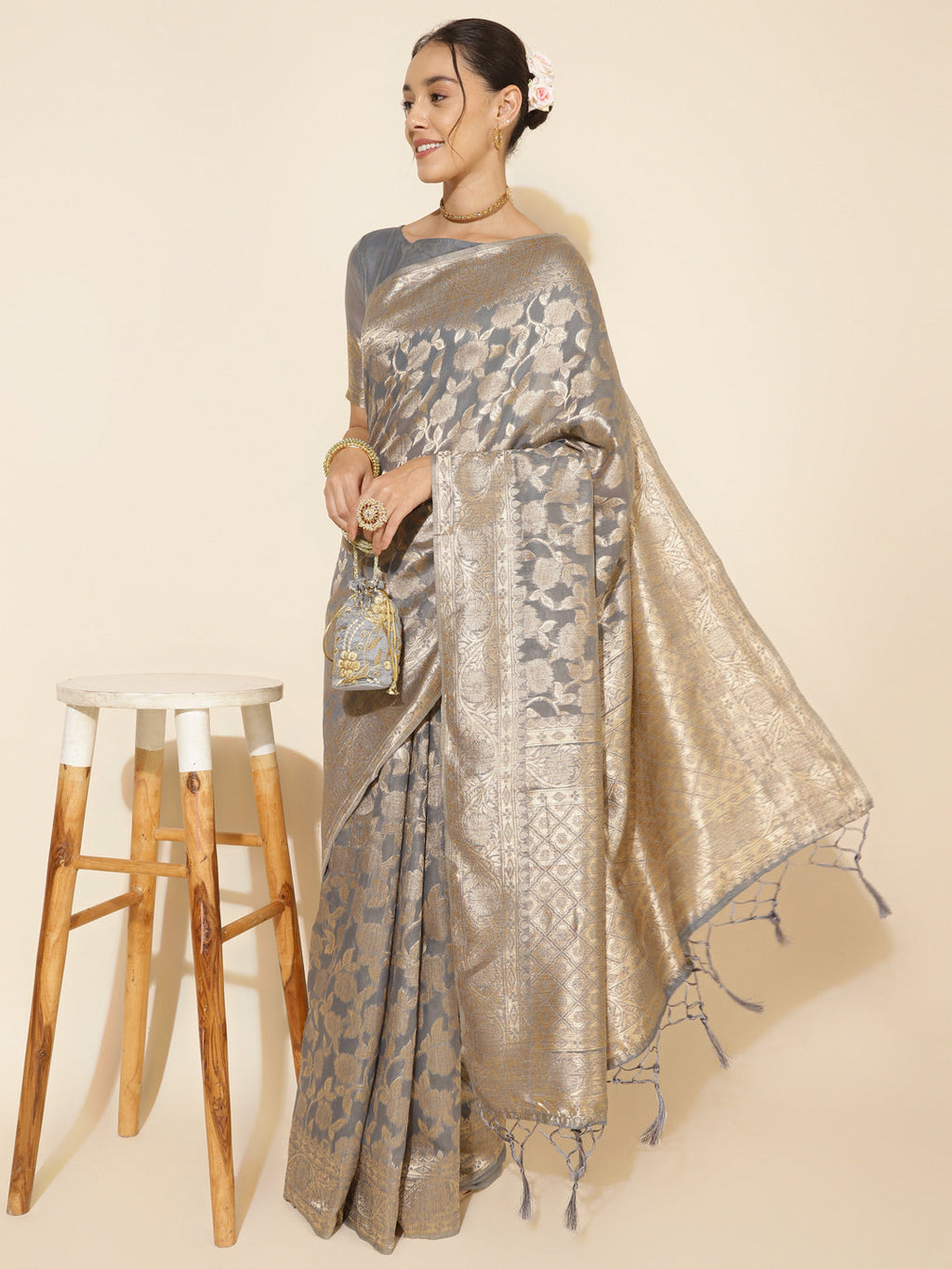 Janasya Grey Chanderi Silk Floral Woven Design Saree