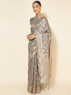 Janasya Grey Chanderi Silk Floral Woven Design Saree