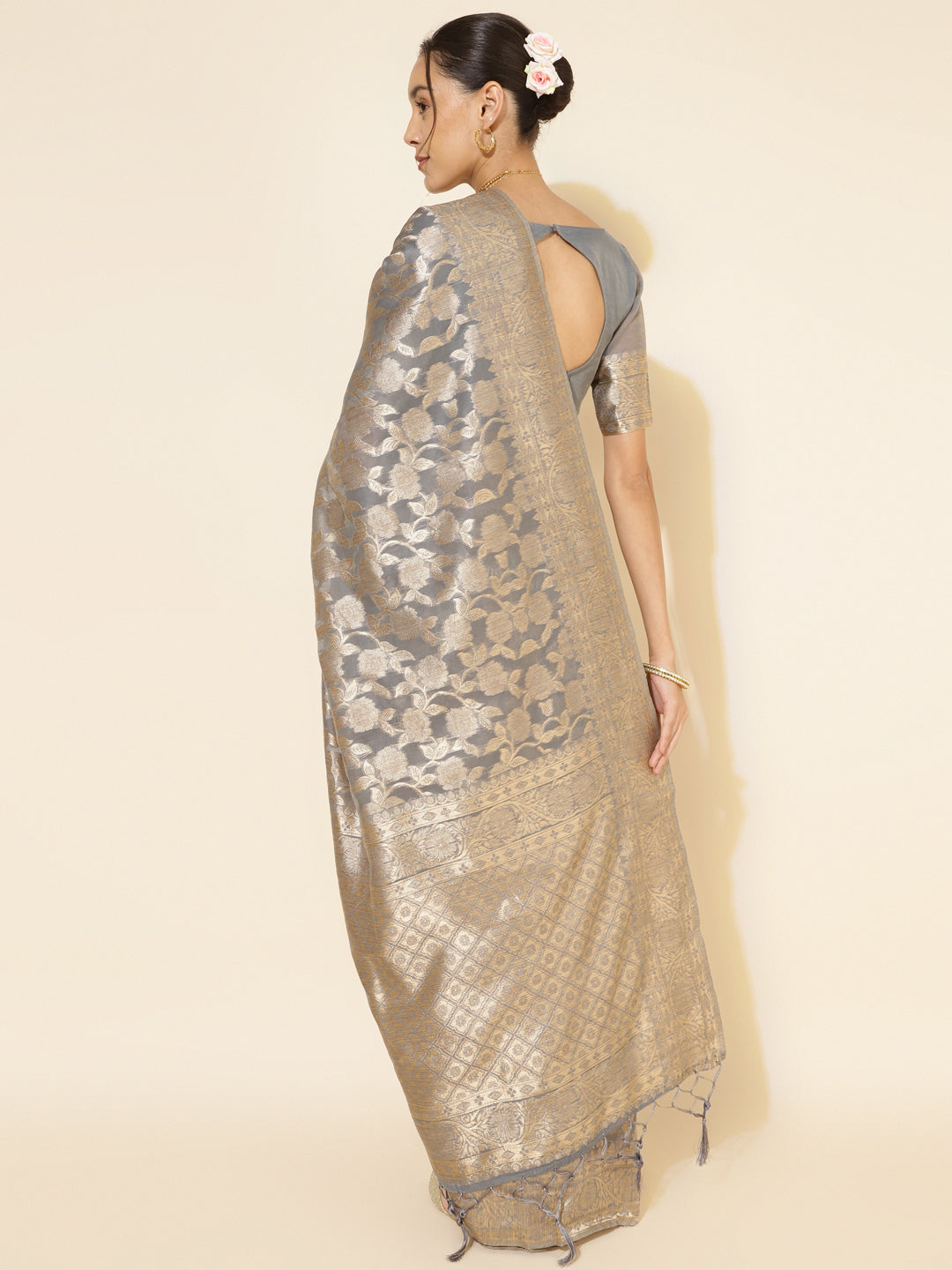 Janasya Grey Chanderi Silk Floral Woven Design Saree