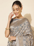 Janasya Grey Chanderi Silk Floral Woven Design Saree