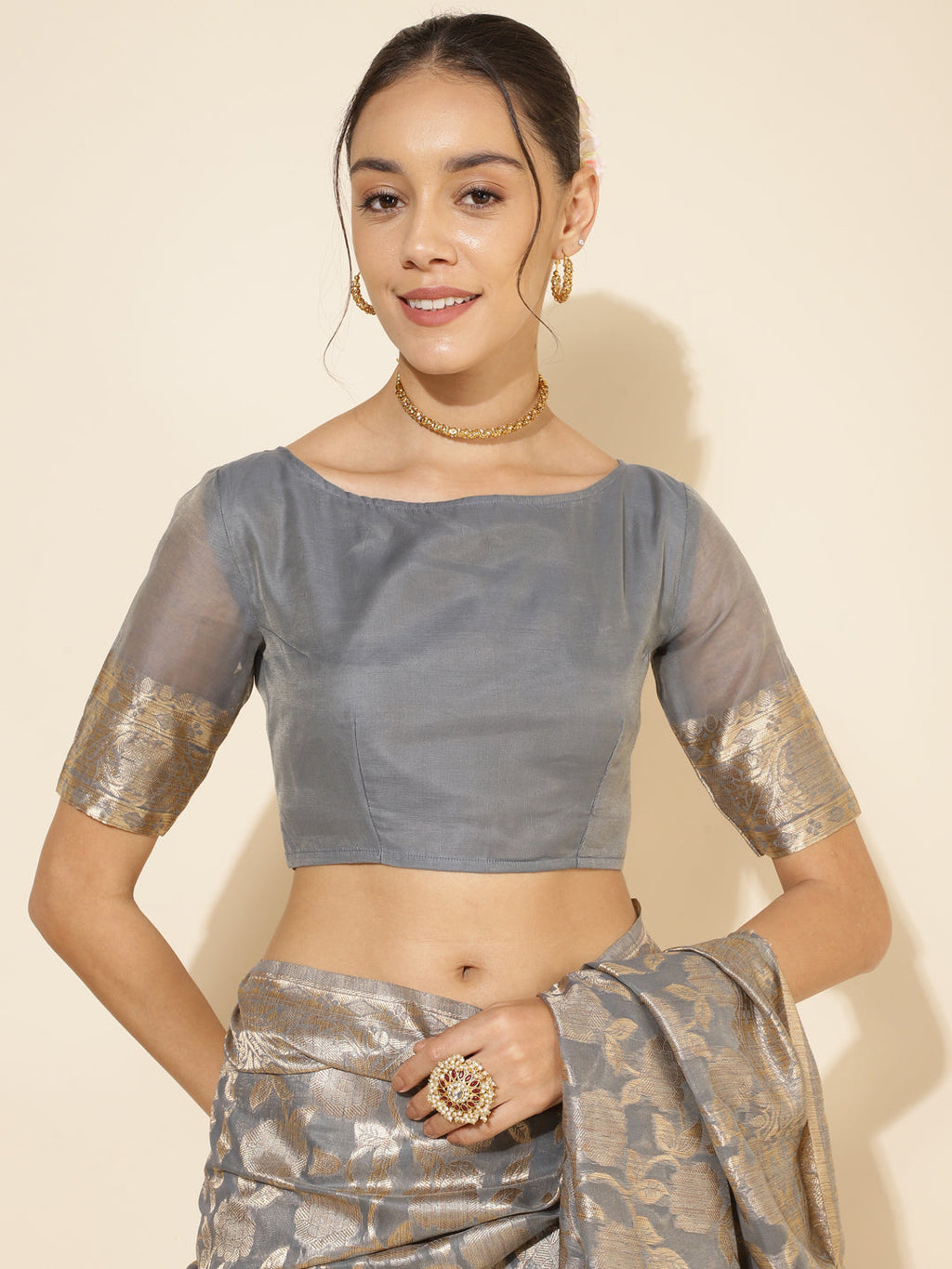 Janasya Grey Chanderi Silk Floral Woven Design Saree