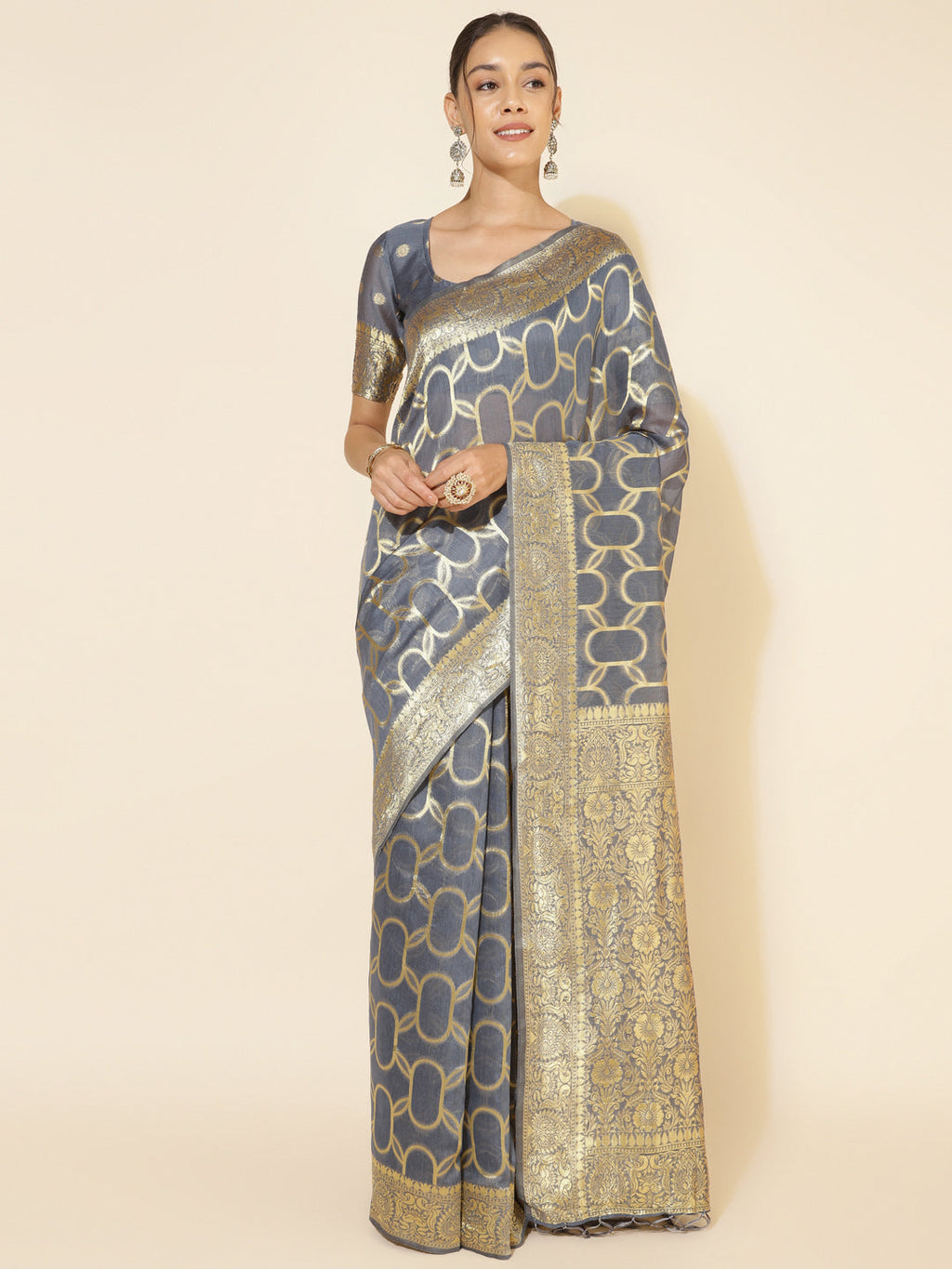 Janasya Grey Chanderi Silk Geometric Design Woven Design Saree
