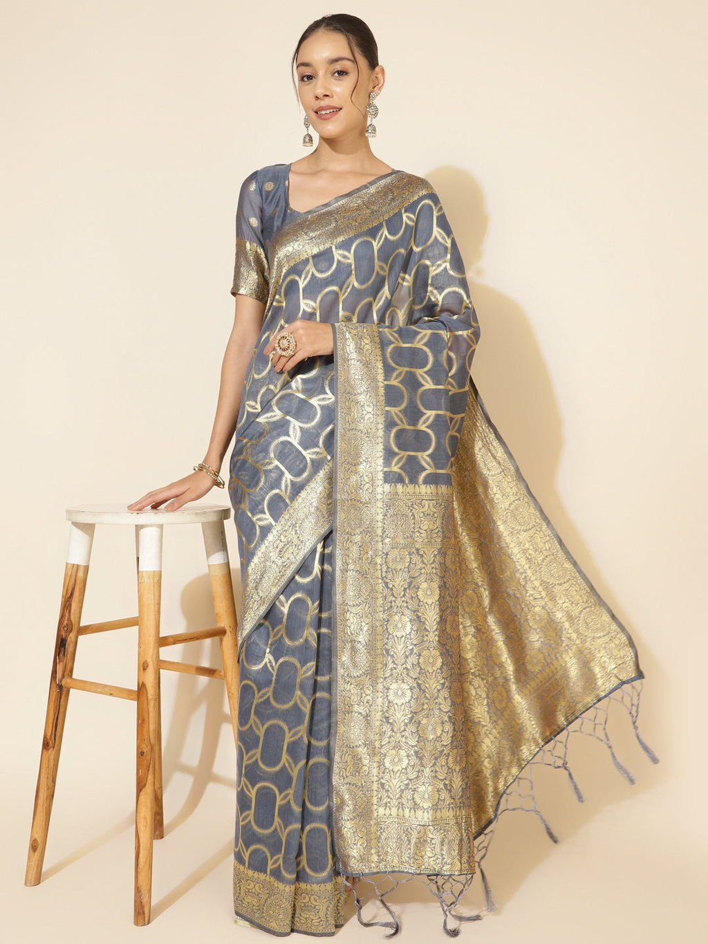 Janasya Grey Chanderi Silk Geometric Design Woven Design Saree