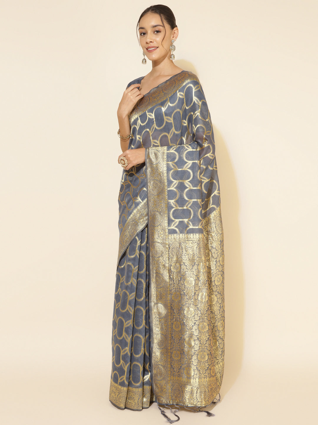 Janasya Grey Chanderi Silk Geometric Design Woven Design Saree