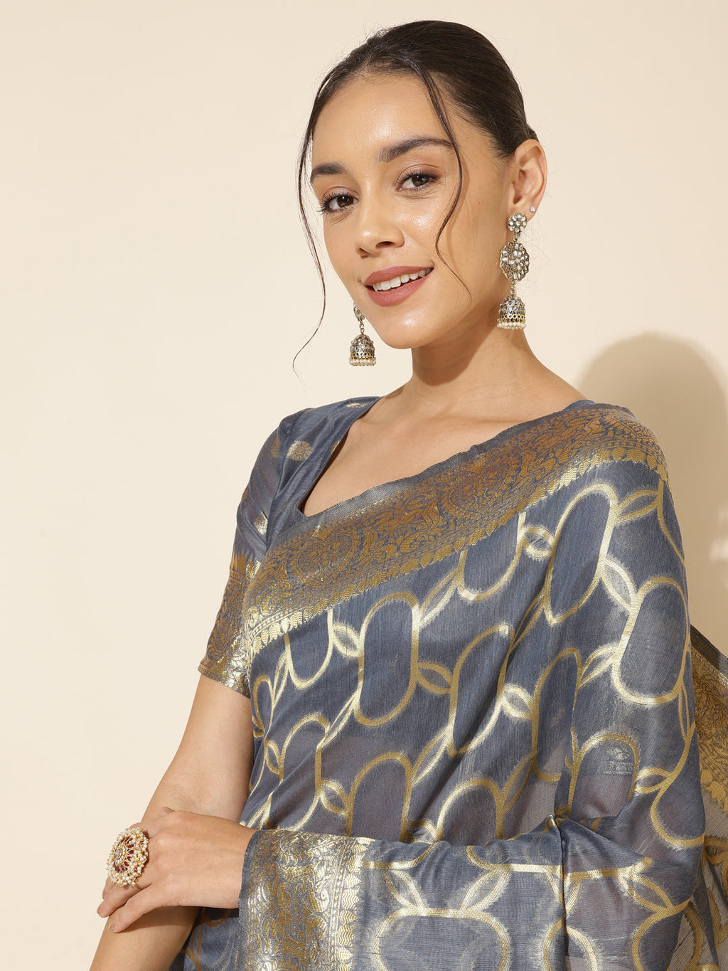 Janasya Grey Chanderi Silk Geometric Design Woven Design Saree