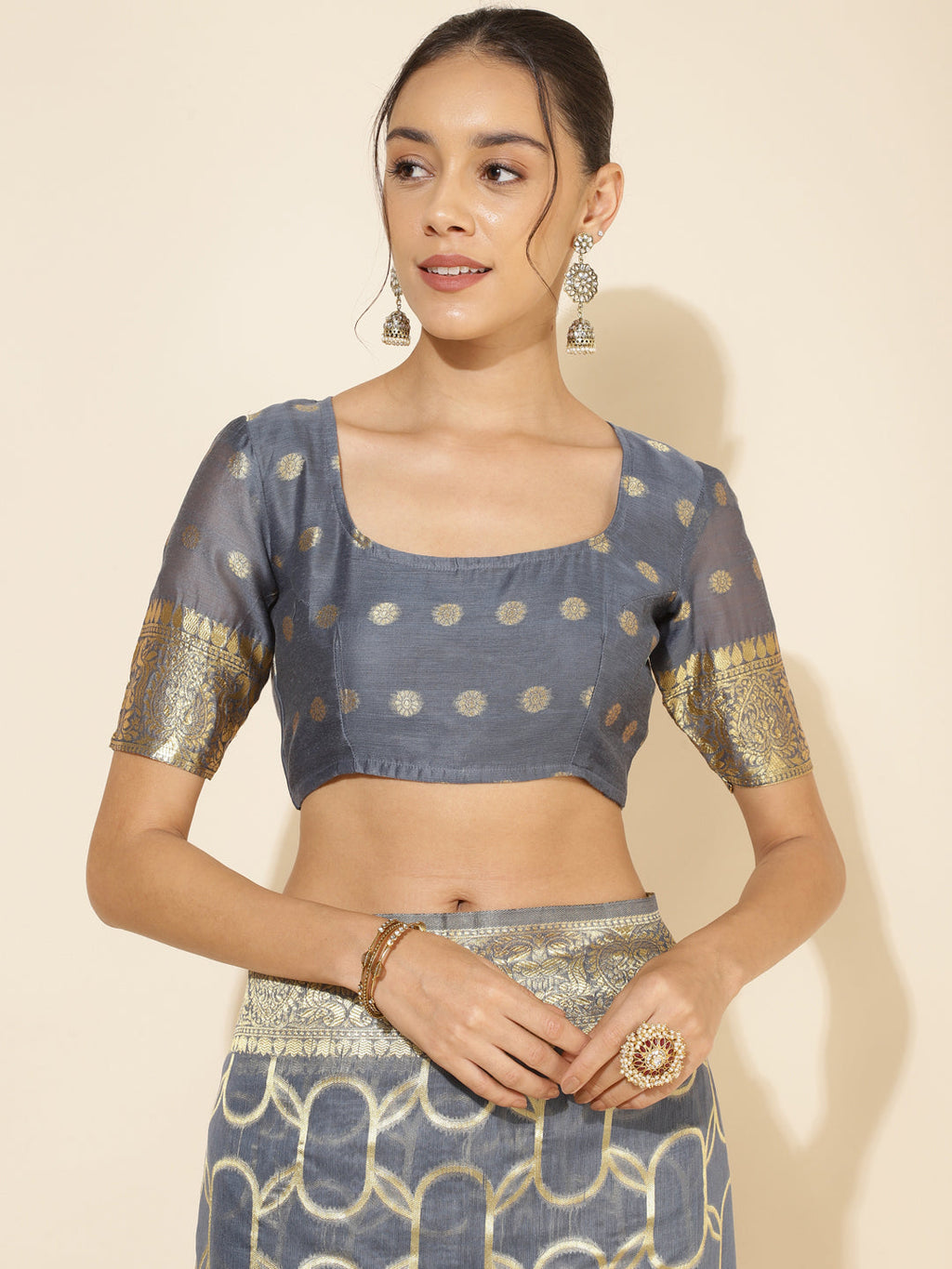 Janasya Grey Chanderi Silk Geometric Design Woven Design Saree