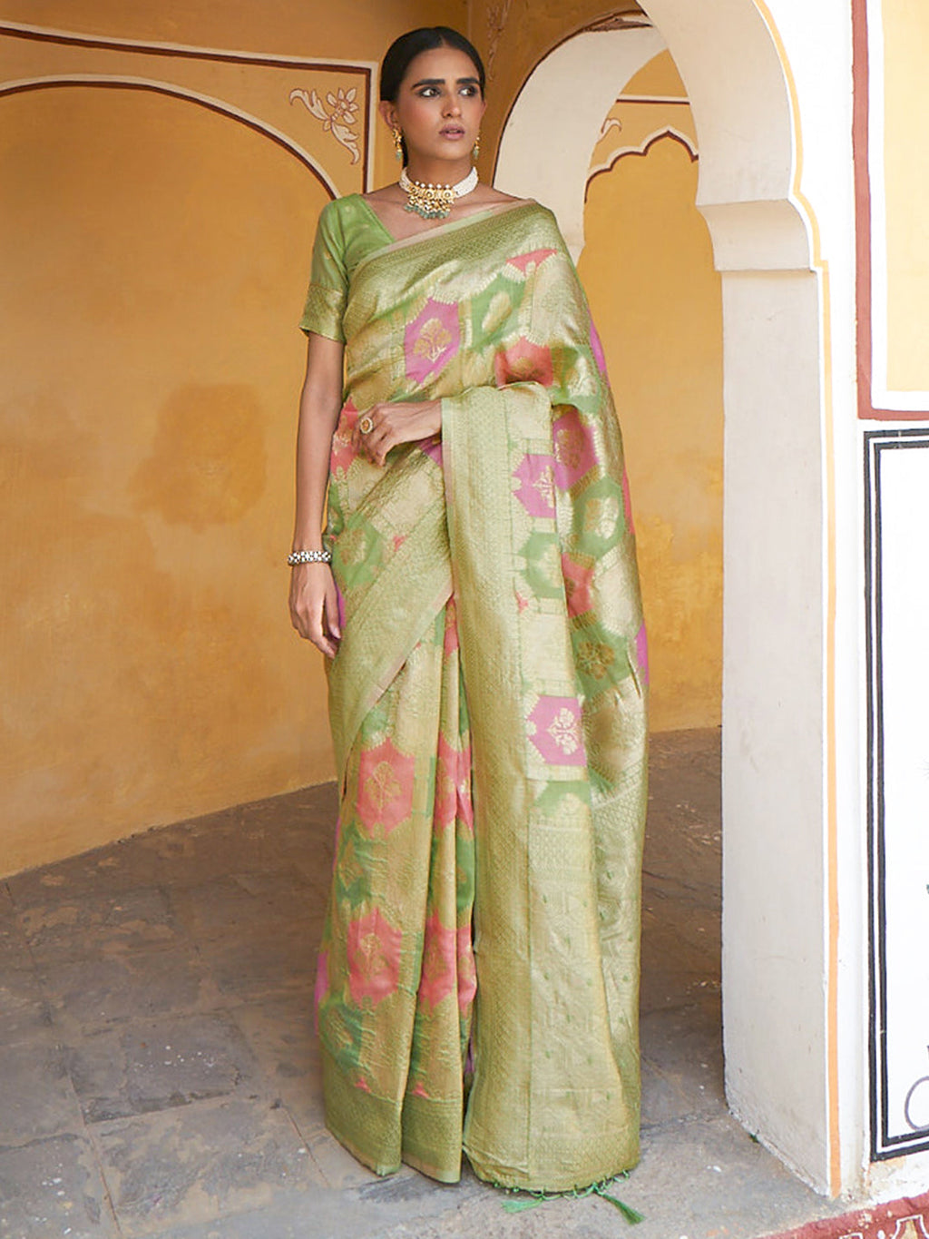 Janasya Light Green Chanderi Silk Ethnic Motifs Woven Design Saree